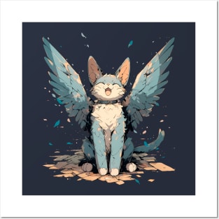 Blue cute  cat with wing Posters and Art